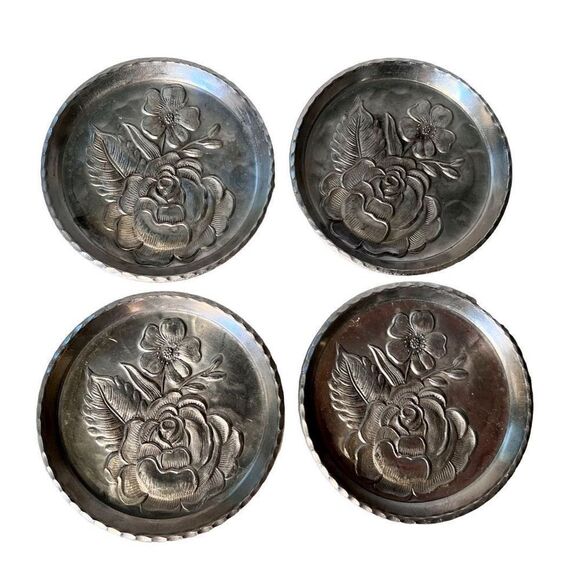 4 Vintage EVERLAST Forged Aluminum Floral Rose Dogwood Pattern Coasters MCM - Picture 1 of 8